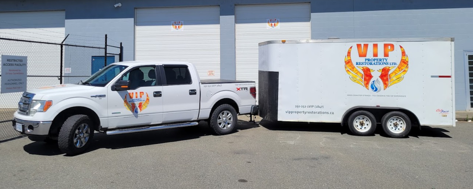 VIP Property Restorations' white, branded truck and trailer